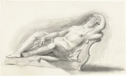 Beeld van naakte vrouw, liggend op een bankkussen