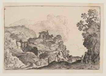 Rotsachtig landschap met drie reizigers