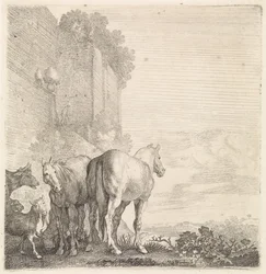 Twee paarden met geiten en een koe bij een hoge (stads)muur