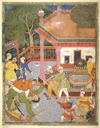 Een held doodt een reus voor een menigte toeschouwers in een binnenplaats, illustratie uit de Hamza Nama, ca. 1555-67