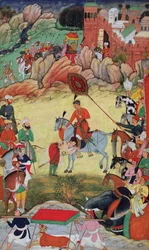 Adham Khan brengt eerbetoon aan Akbar in Sarangpur, Centraal-India, in 1560 of 1561, uit de Akbarnama, 1590-98