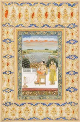 Albumblad: Gulbadan Begum rookt op een terras, Delhi, ca. 1800