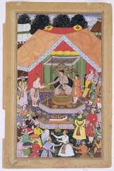 Keizer Akbar (r.1556-1605) vermaakt door zijn pleegbroer Azim Khan in Dipalpur, Punjab, 1571, uit de Akbarnama gemaakt door Abul Fazi, 1590-98