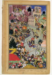 Keizer Akbar (r.1556-1605) schiet Saimal bij het Beleg van Chitov in 1567, uit de Akbarnama gemaakt door Abul Fazi, 1590-98