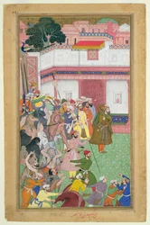 Fatepur Sikiri, 1573: Hasain Quli Khan-l Jahan presenteert zijn gevangenen aan keizer Akbar (r.1556-1605), uit de Akbarnama gemaakt door Abul Fazi, 1590-98