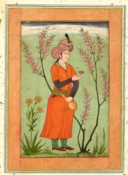 Iraanse prinselijke figuur met een beker en fles, ca. 1640, uit het Grote Clive Album