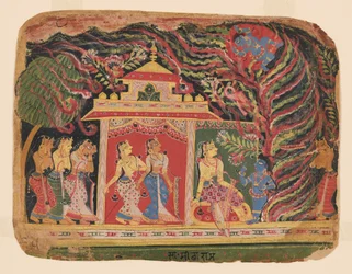Krishna verslaat Trinavarta, de demonische wervelwind, uit een Bhagavata Purana (Boek van de Heer), Pre-Mughal school (Schilderij)