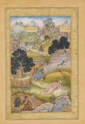 Een moslimpelgrim leert een les in vroomheid van een brahmaan, Folio uit een Khamsa...