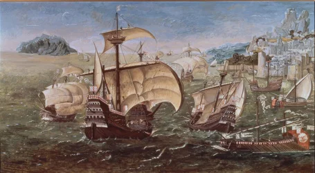 Portugese schepen aan een rotsachtige kust – 16e eeuw – kopie van het origineel uit het Greenwich Museum