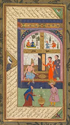 Zulaykha in haar paleis en als oude vrouw met Jozef, uit een Panj Ganj (Vijf schatten) van Abd al-Rahman Jami (Perzisch, 1414-1492); Verso: uit een Panj Ganj van Abd al-Rahman Jami (Perzisch, 1414-1492), met twee masnavi