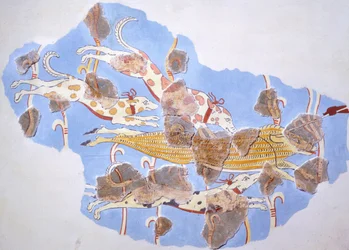 Jachtscène, fresco uit het Tirinto-paleis (Griekenland), Myceense beschaving