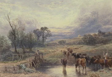 Landschap met vee en brug