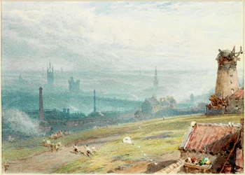Newcastle upon Tyne vanaf de Windmill Hills, Gateshead