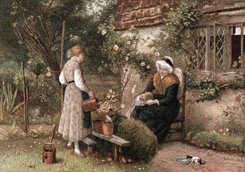 Jeugd en leeftijd. Chromolithografie naar een schilderij van Myles Birkett Foster (1825-1899), Engelse kunstenaar, gepubliceerd Londen 1866. Grootmoeder met kanten kapje zittend in cottage tuin met twee kleinkinderen. Het meisje gebruikt gieter om plant in
