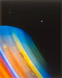 Saturnus en zijn maan Dione, gezien vanaf het Voyager 2-ruimtevaartuig