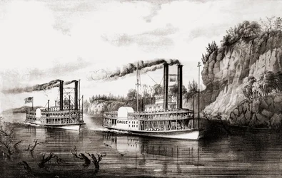 Stoomschepen racen op de Mississippi-rivier, VS