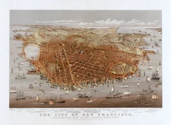 De Stad San Francisco door Currier & Ives, ca. 1878 (kleur litho)