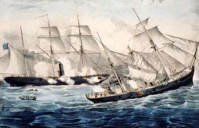 Amerikaanse oorlogssloep bij Cherbourg, Frankrijk, zondag 19 juni 1864. Illustratie door Currier & Ives.