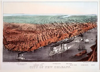 Gezicht op New Orleans. Gekleurde print (gekleurde afdruk)