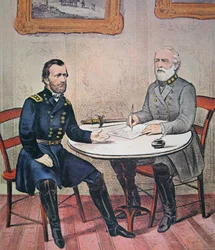 Generaal Robert E. Lee geeft zich over aan Generaal Ulysses S. Grant in Appomattox Courthouse, 9 april 1865