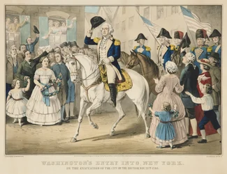 Washingtons intocht in New York na de evacuatie van de stad door de Britten op 25 november 1783
