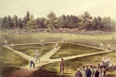 Het Amerikaanse nationale honkbalspel - Grote wedstrijd op Elysian Fields, Hoboken, New Jersey, 1866