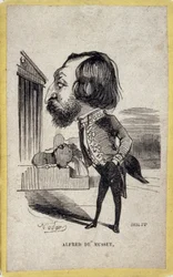 Portret-karikatuur van Alfred de Musset, Franse dichter en toneelschrijver. Cartoon door Felix Nadar.