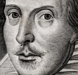 Detail van portret van William Shakespeare op frontispice van Komedies, geschiedenissen, & tragedies