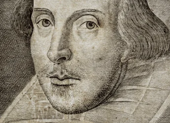 (detail) Portret van William Shakespeare op frontispice van Komedies, geschiedenissen, &c.