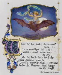 Verluchte pagina uit een boek van Shakespeare sonnetten toont een scène uit The Tempest