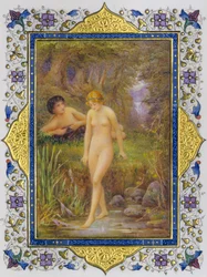 Verlichte pagina uit een boek van Shakespeare sonnetten met naakte vrouw in pastorale fantasie