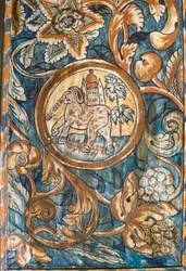 Schilderij van een olifant die de tempel draagt in een 18e-eeuwse landelijke synagoge