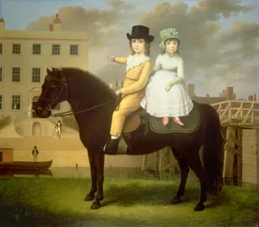 Twee kinderen zittend op een zwarte pony