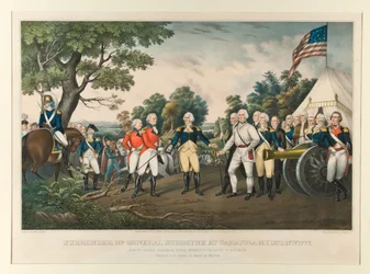 Overgave van generaal Burgoyne bij Saratoga, N.Y., 17 okt. 1777, naar het oorspronkelijke schilderij van kolonel Trumbull in het Capitool te Washington