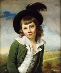 ‘De groene jongen’: portret van een jongen ten halve lijve, in een groene jas en zwarte hoed met verenpluim, 1782