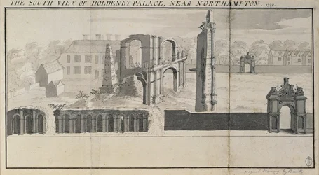Zuidelijk uitzicht op Holdenby House en ruïnes zoals gezien in 1729