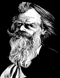 Johannes Brahms, Duitse componist (1833-97), grijstoon aquarel karikatuur