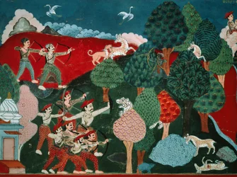 Een koning die zijn dagen doorbrengt met het doden van arme gazellen zonder reden, later, in een ander leven, is hij een gazelle en wordt gedood door een jager, detail uit Swayambhu Purana, belangrijk boeddhistisch heilig boek in Nepal