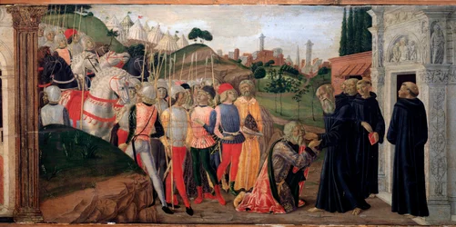 Totila, koning van de Ostrogoten bezoekt Benedictus van Nursia (detail)