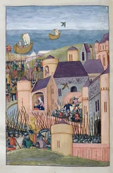 Minos belegerd Megara. Scylla snijdt verraderlijk het haar van haar vader af en vlucht, uit Metamorfosen 8 van Ovidius, 1479