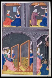 Ms 324 f.62 v. Arachne daagt Pallas uit en wordt een spin, uit Metamorfosen 6 van Ovidius, 1479