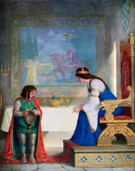 De vrouwe Lyoness. Had de dwerg in onderzoek (kleurenlitho)