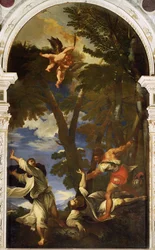 St. Peter Martelaar Gestoken door Gehuurde Moordenaars (kopie van het schilderij door Titiaan verloren in de brand van de Rozenkranskapel)