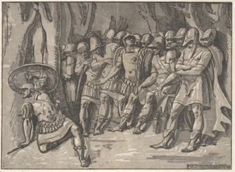 Ajax linksonder met een schild omhoog, rechts staat Agamemnon omringd door zijn...
