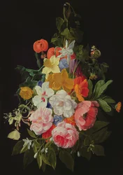 Een Guirlande van Rozen en andere Bloemen Hangend aan een Spijker