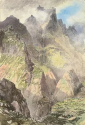 De Grande Curral, Madeira, met een groep toeristen op de voorgrond, de Pico Grande erachter (aquarel op papier)