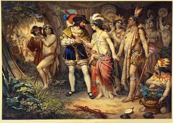 Het Maya-opperhoofd Zingari presenteert zijn zus aan Hernan Cortes ...