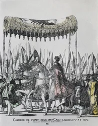 HOGENBERG, Nicolas. De Kroning van Karel V in Bologna. KAREL V, Heilige Roomse Keizer en Koning van Spanje; CLEMENS VII, Paus tussen 1523 en 1534. Gravure