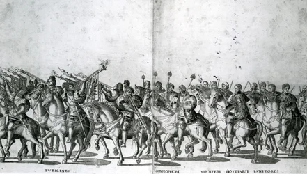 Plaat 12 en 13 van de intocht van paus Clemens VII en keizer Karel V in Bologna op 24 februari 1530, gepubliceerd ca.1530