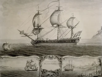 Gezicht op het Blandford fregat op de reis naar West-Indië en handel op de Afrikaanse kust, ca. 1760 (pen en inkt en gewassen)